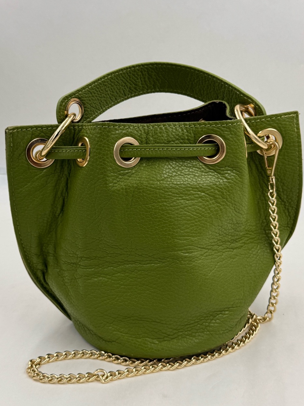 Anna Paola Gorgeous Green Leather Drawstring Bucket Bag, Made in Italy - Picture 6 of 16